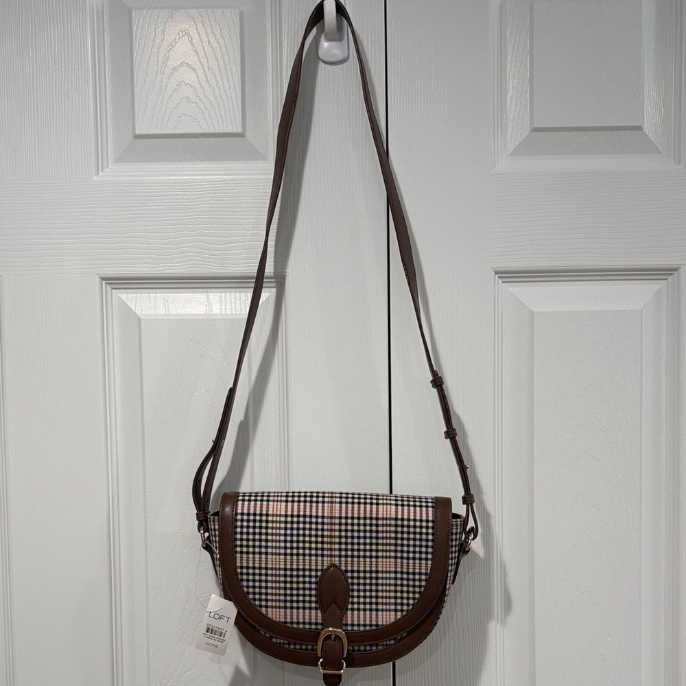 LOFT Plaid Saddle Crossbody Bag Brown Neutral New With Tags